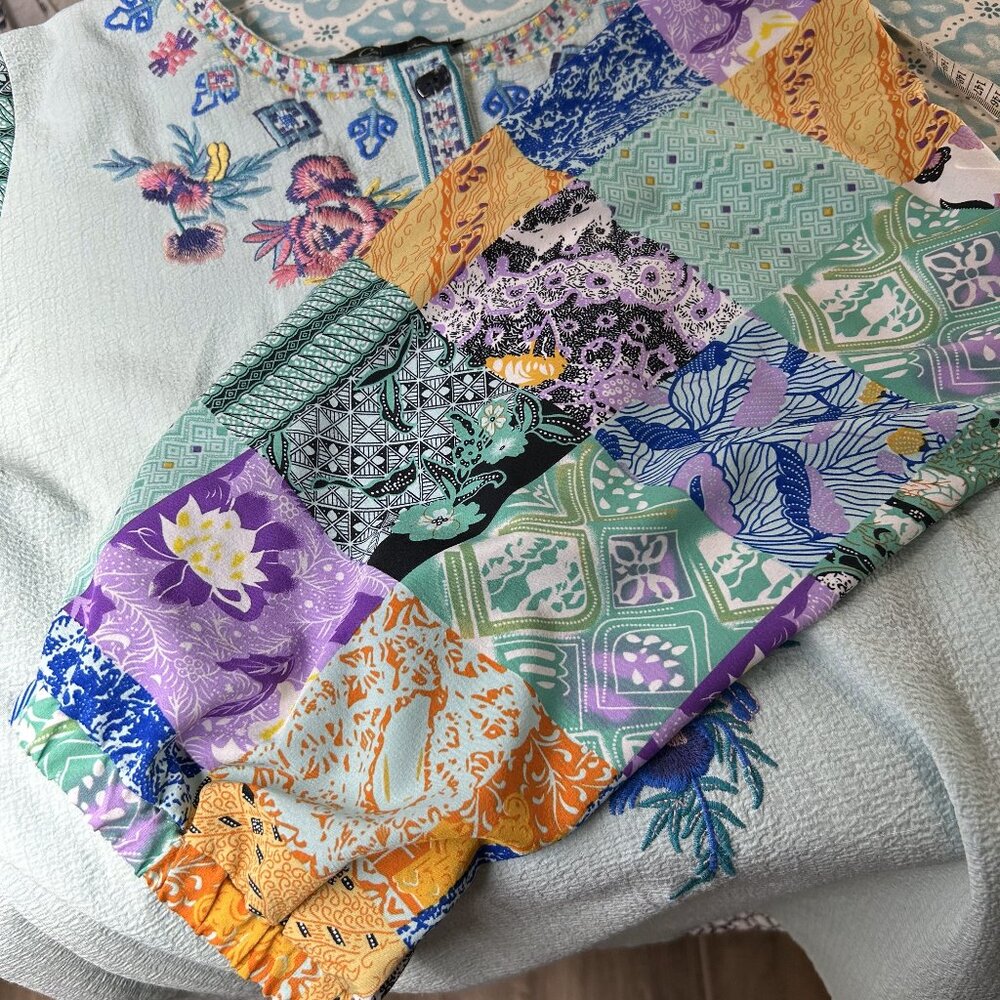 Calessa Blouse Women's 2X Mint Multi Embroidered Floral Patchwork Print TopTunic - Picture 13 of 13